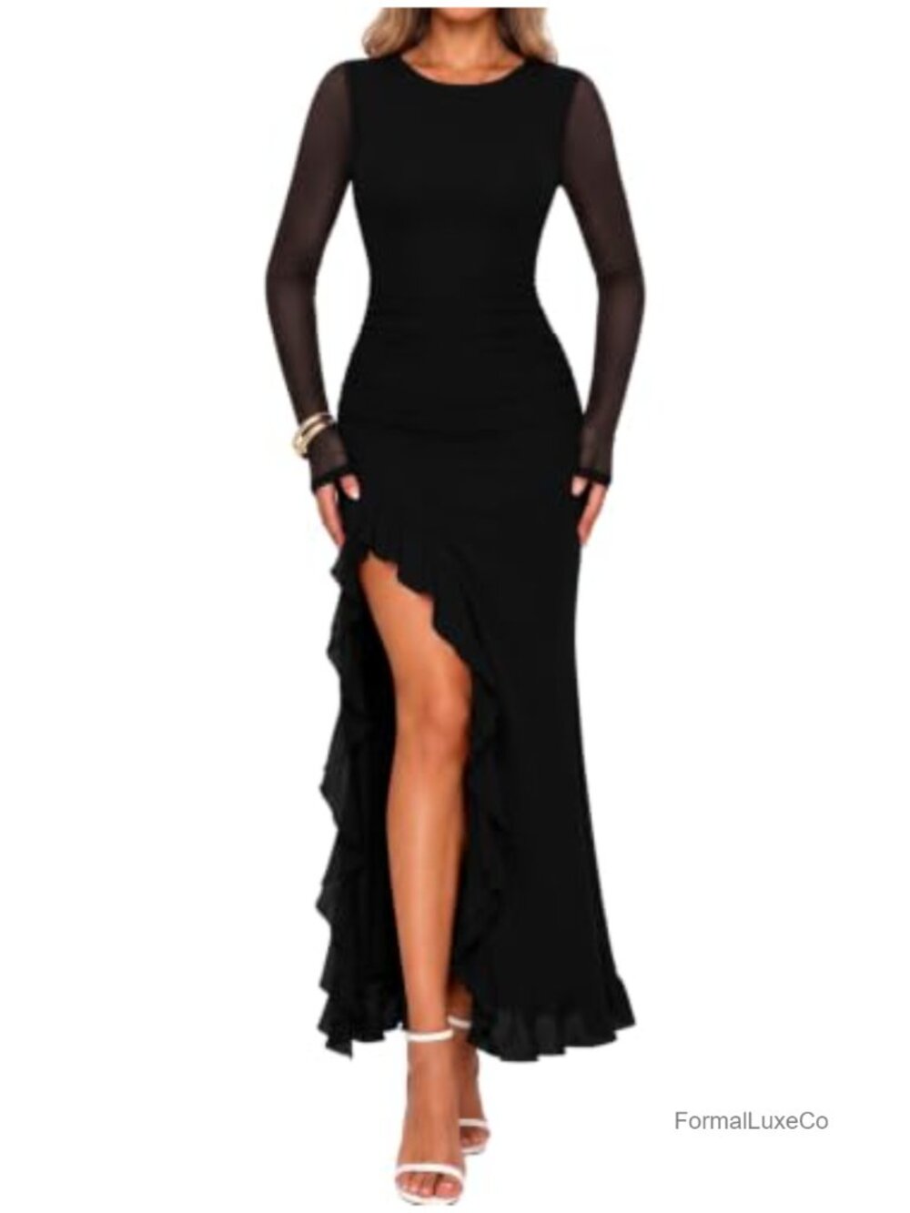 Long Sleeve Maxi Dress High Slit Ruffle Bodycon Formal Wedding Guest